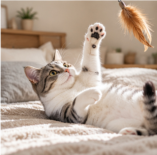 Playful cat reaching for a feather toy